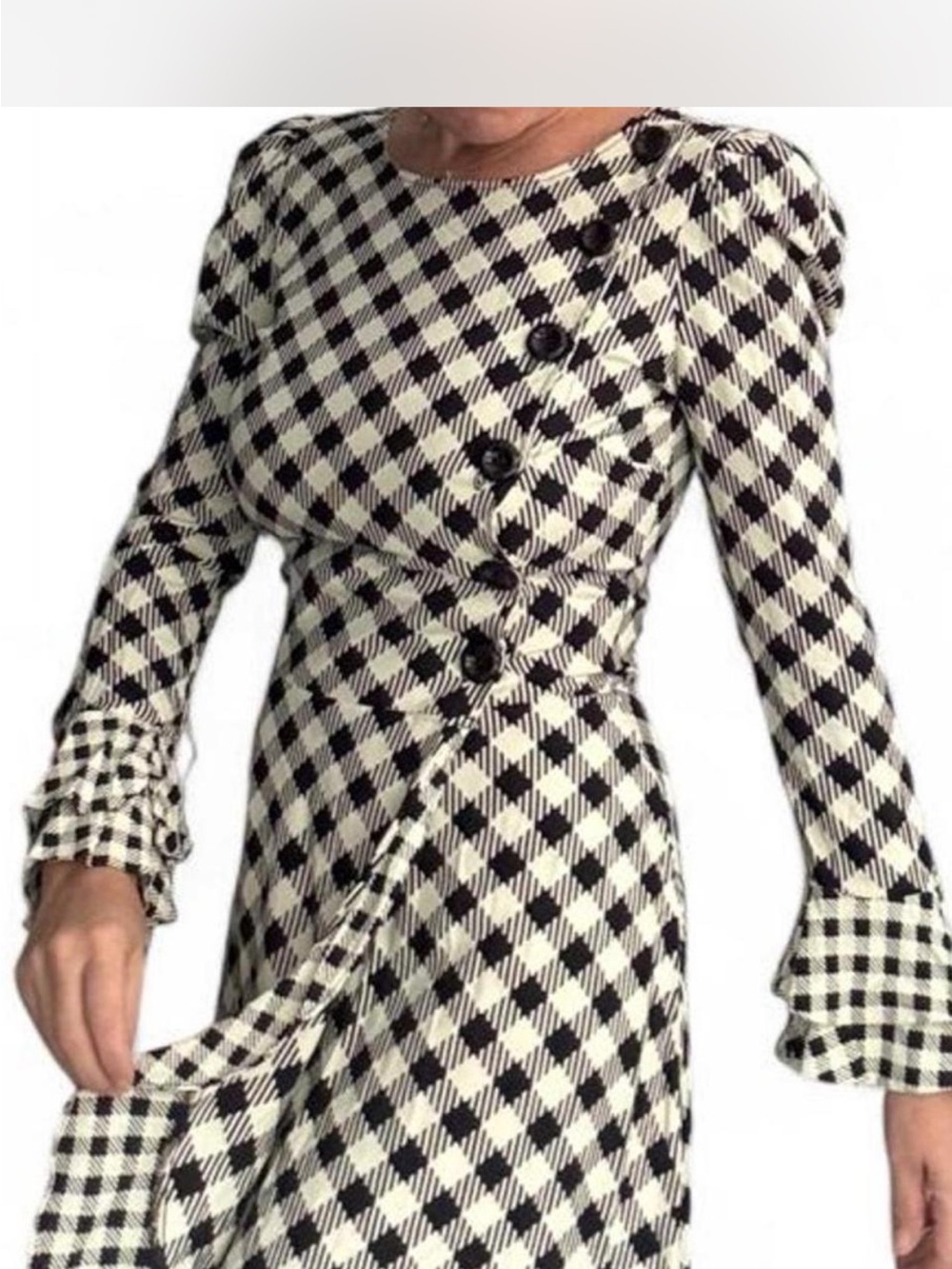 Plaid Black and White Long Sleeve Wrap Dress